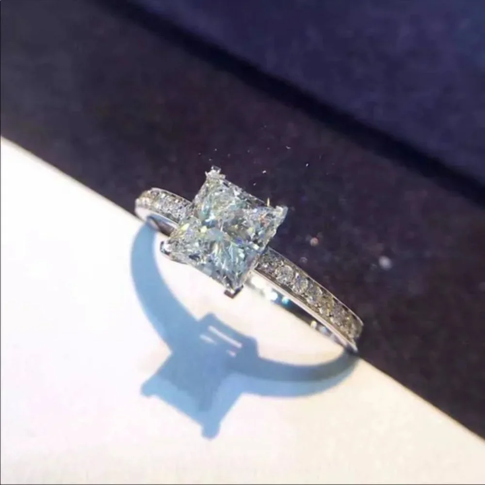 925 Sterling Silver Princess Square Simulator Diamond Ring Wedding Engagement - Picture 2 of 5